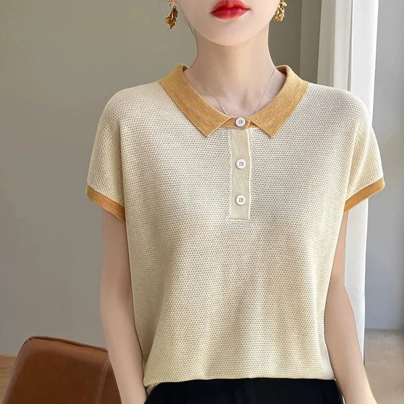 Women's Clothing Shoulder T-shirt Summer Polo Knit Color Blocking Short Sleeve Casual Tees Lady Large Size Turn-down Collar Tops