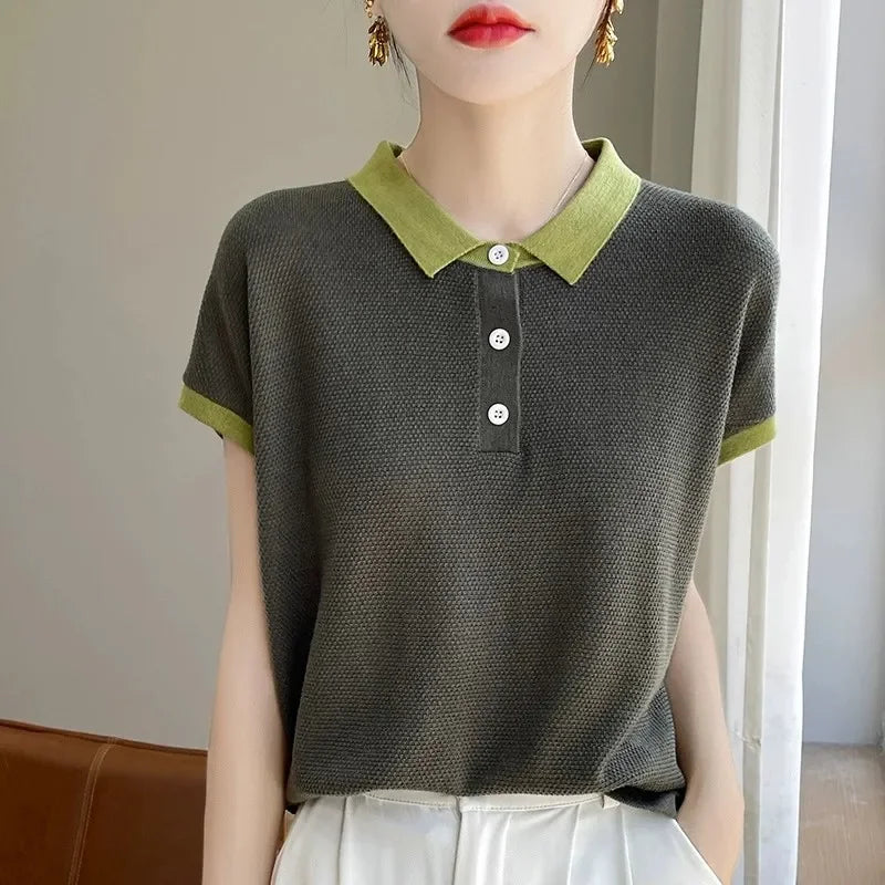Women's Clothing Shoulder T-shirt Summer Polo Knit Color Blocking Short Sleeve Casual Tees Lady Large Size Turn-down Collar Tops