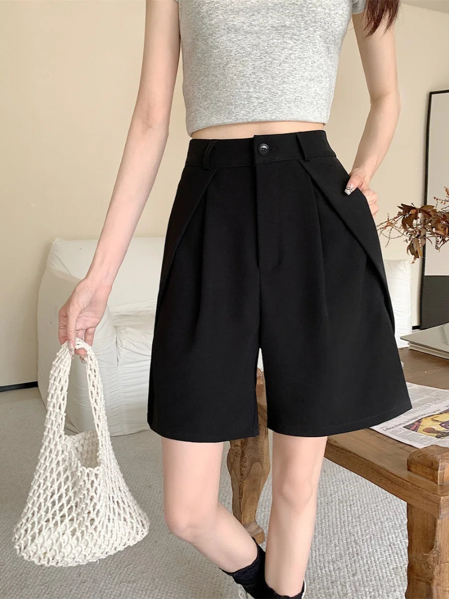 High Waist Thin Suit Pants ort Women Casual Loose Wide Leg A-Line Five-Quarter Length Pants for plus Size Girls