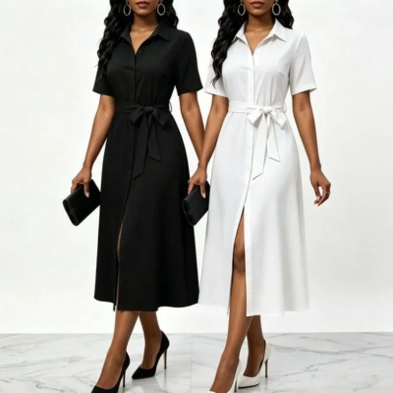 Women White Dress Elegant V-neck Mid-sleeve Bow Trim At Chest  A-line Solid Slit Hem Chic Banquet Resort Cocktail Party