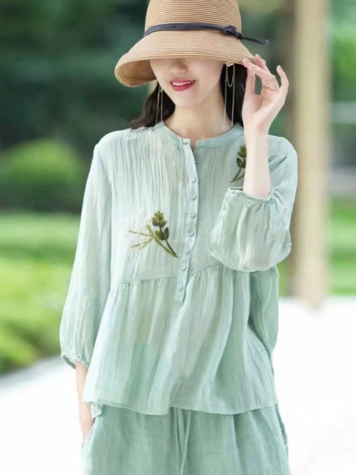 Chinese Style Vintage High End Cotton Linen Set Women Summer Thin Embroidered Shirt Draped Wide Leg Pants Linen Two Piece Set