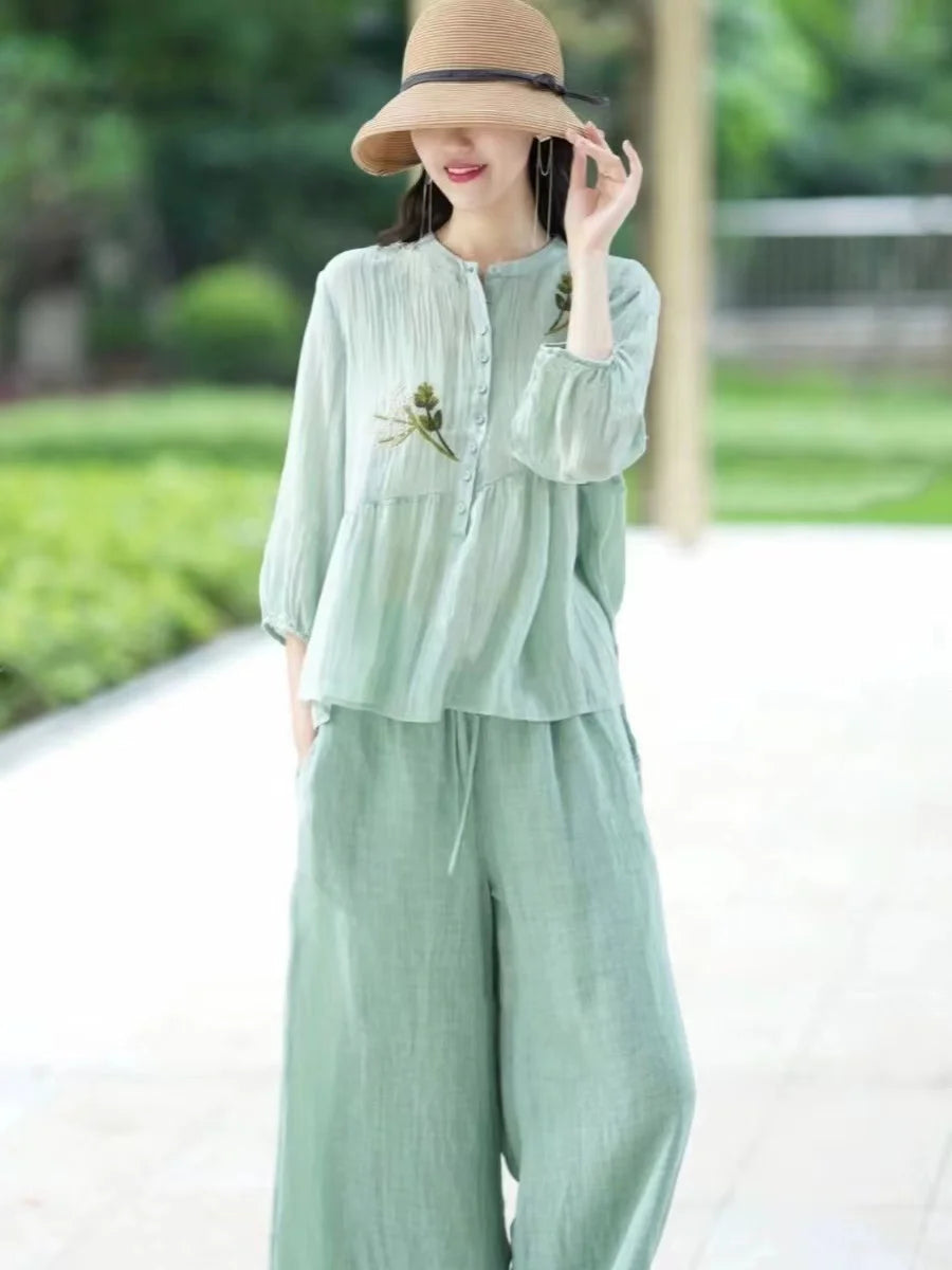 Chinese Style Vintage High End Cotton Linen Set Women Summer Thin Embroidered Shirt Draped Wide Leg Pants Linen Two Piece Set