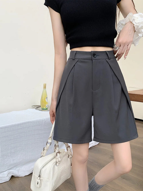 High Waist Thin Suit Pants ort Women Casual Loose Wide Leg A-Line Five-Quarter Length Pants for plus Size Girls
