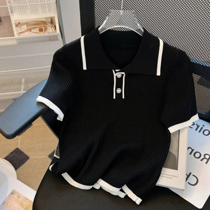 Women's Clothing Ice Silk Loose T-shirt Summer Polo New Knit Short Sleeve Casual Tee Lady Basic Turn-down Collar Large Size Tops