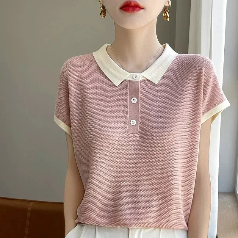 Women's Clothing Shoulder T-shirt Summer Polo Knit Color Blocking Short Sleeve Casual Tees Lady Large Size Turn-down Collar Tops