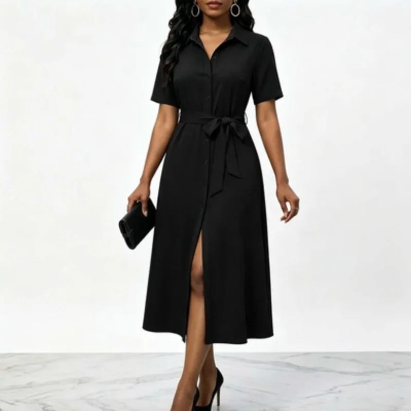 Women White Dress Elegant V-neck Mid-sleeve Bow Trim At Chest  A-line Solid Slit Hem Chic Banquet Resort Cocktail Party