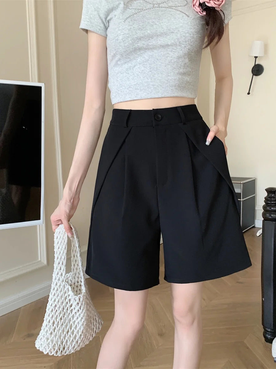 High Waist Thin Suit Pants ort Women Casual Loose Wide Leg A-Line Five-Quarter Length Pants for plus Size Girls