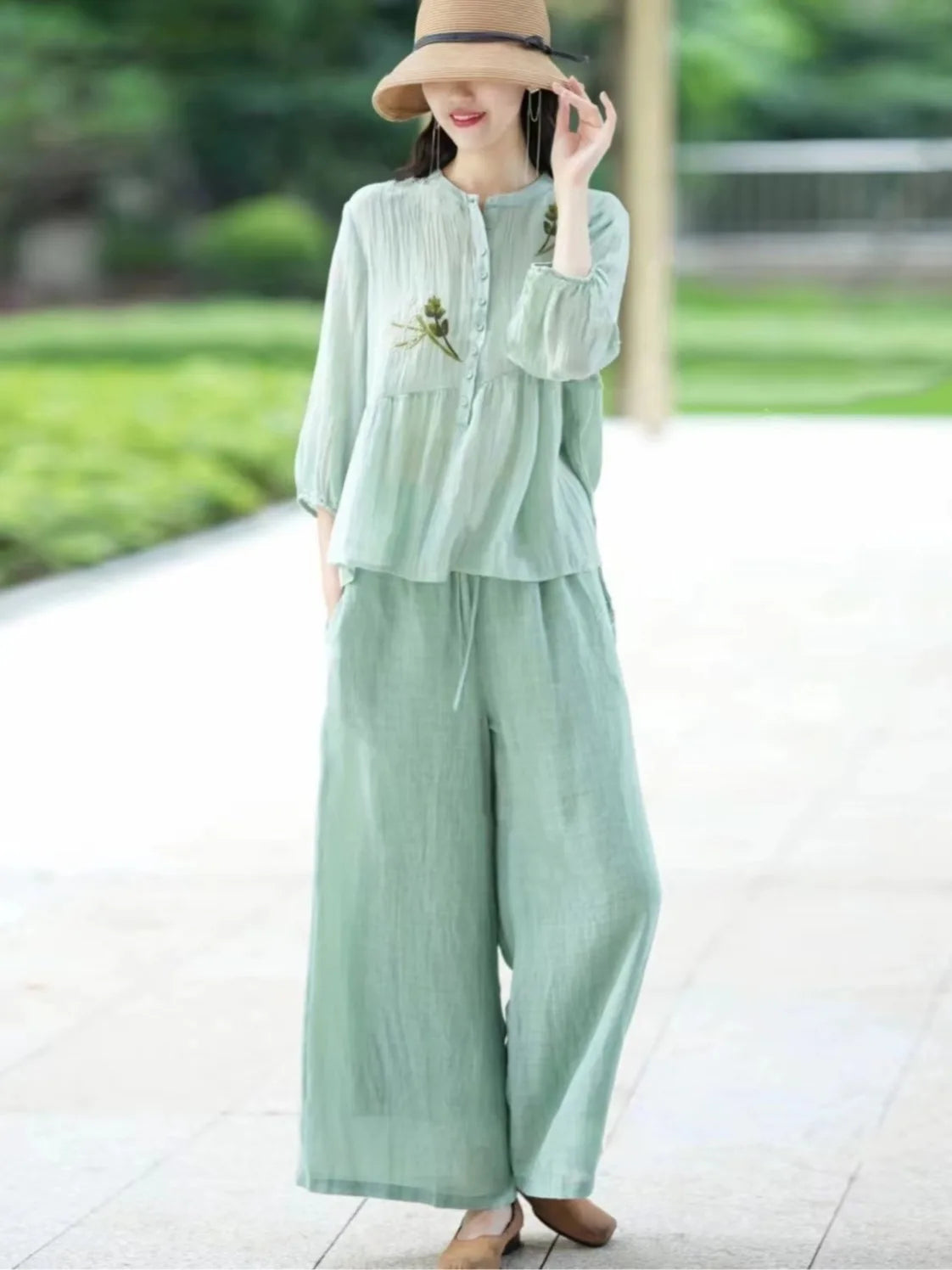 Chinese Style Vintage High End Cotton Linen Set Women Summer Thin Embroidered Shirt Draped Wide Leg Pants Linen Two Piece Set